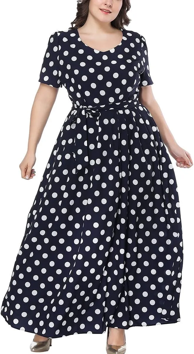 Plus Size Womens Polka Dot Dresses Short Sleeves Swing Midi Dress With Belt