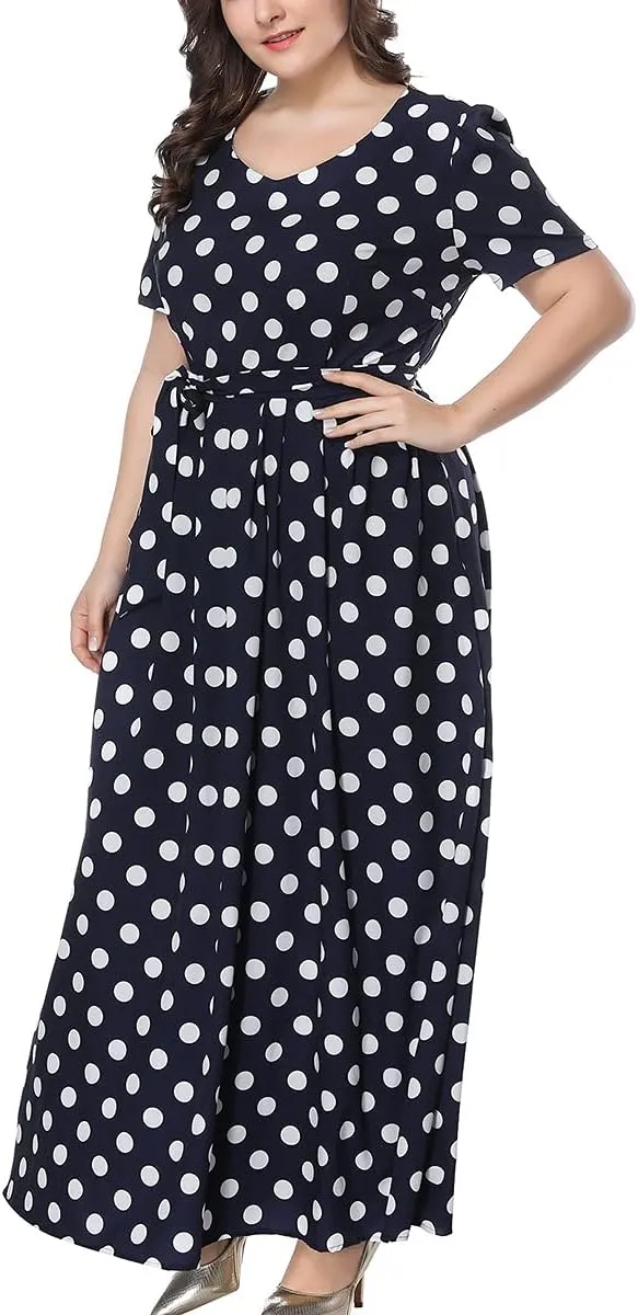 Plus Size Womens Polka Dot Dresses Short Sleeves Swing Midi Dress With Belt