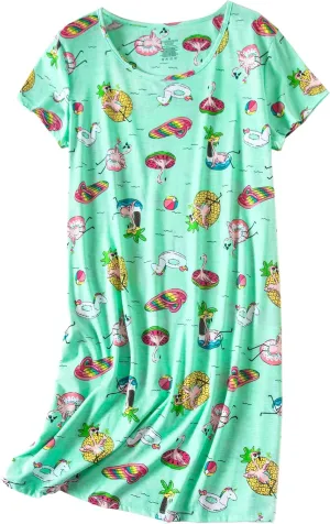 PNAEONG Women's Cotton Nightgown Sleepwear Short Sleeves Shirt Casual Print Sleepdress