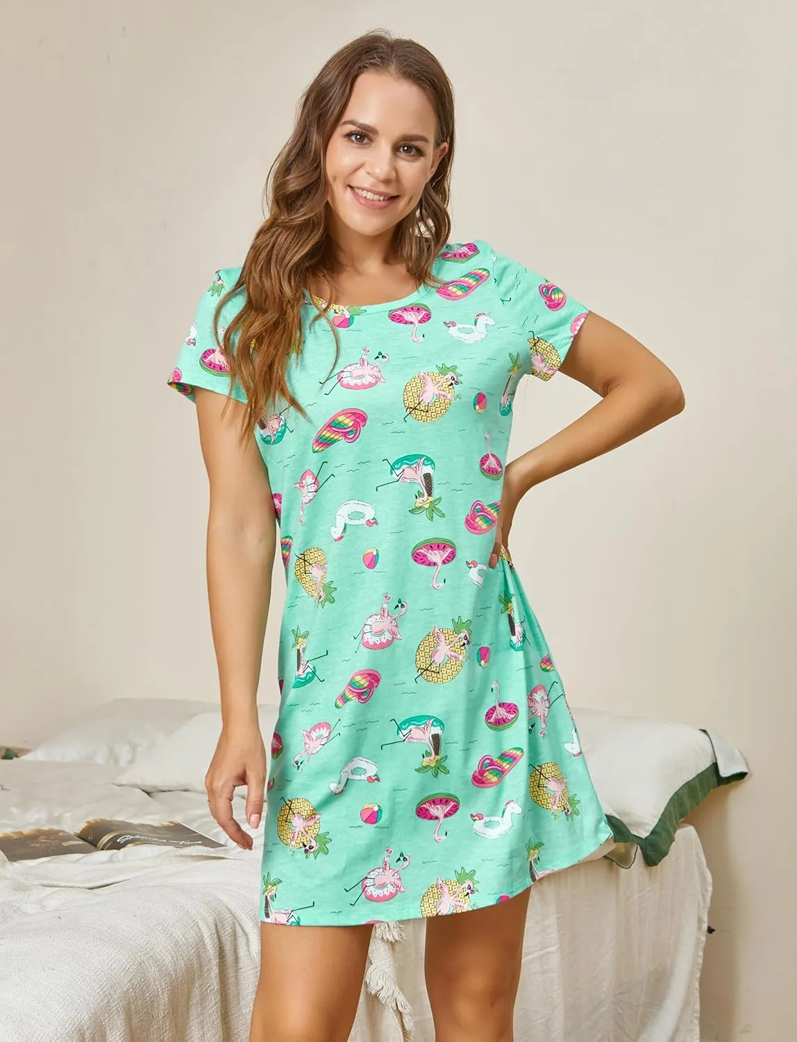 PNAEONG Women's Cotton Nightgown Sleepwear Short Sleeves Shirt Casual Print Sleepdress