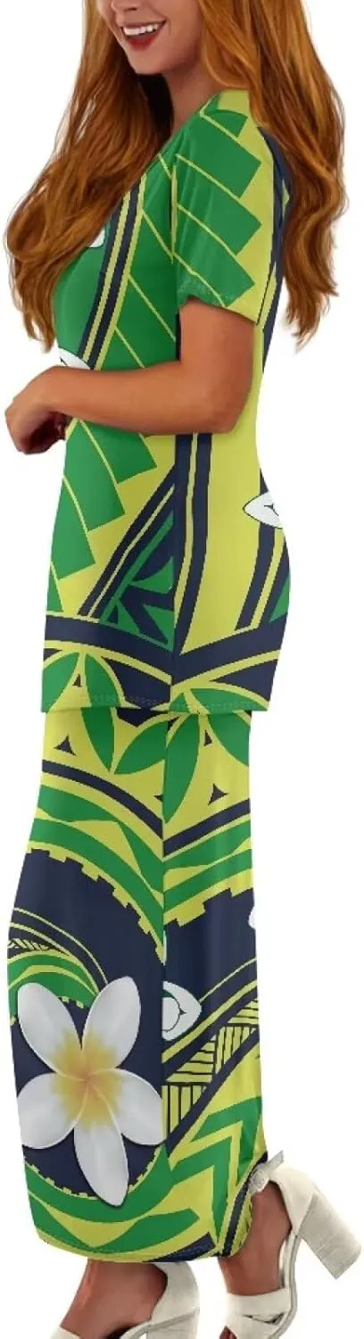 Polynesian Tribal Tapa Totem Summer Crew Neck Long Skirt Dress Set Women Island Short Sleeves Set Maxi Dress