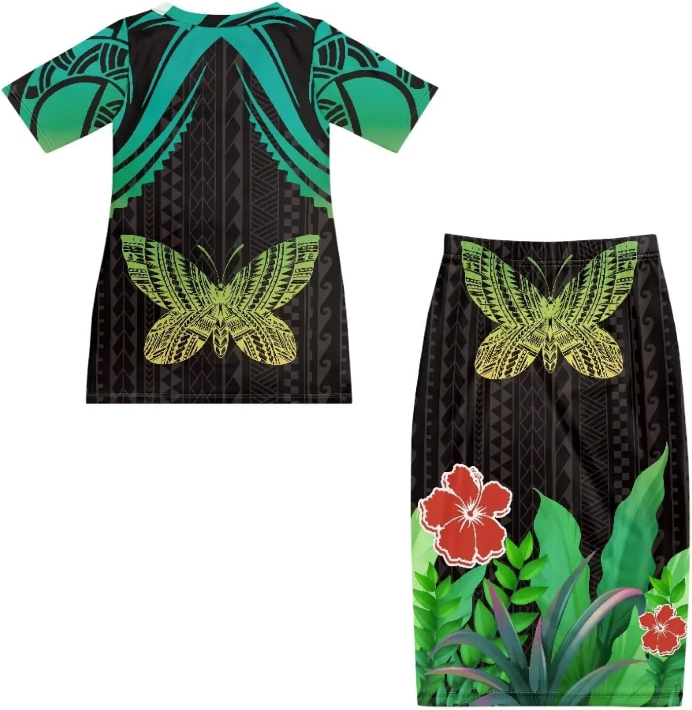 Polynesian Tribal Tapa Totem Summer Crew Neck Long Skirt Dress Set Women Island Short Sleeves Set Maxi Dress