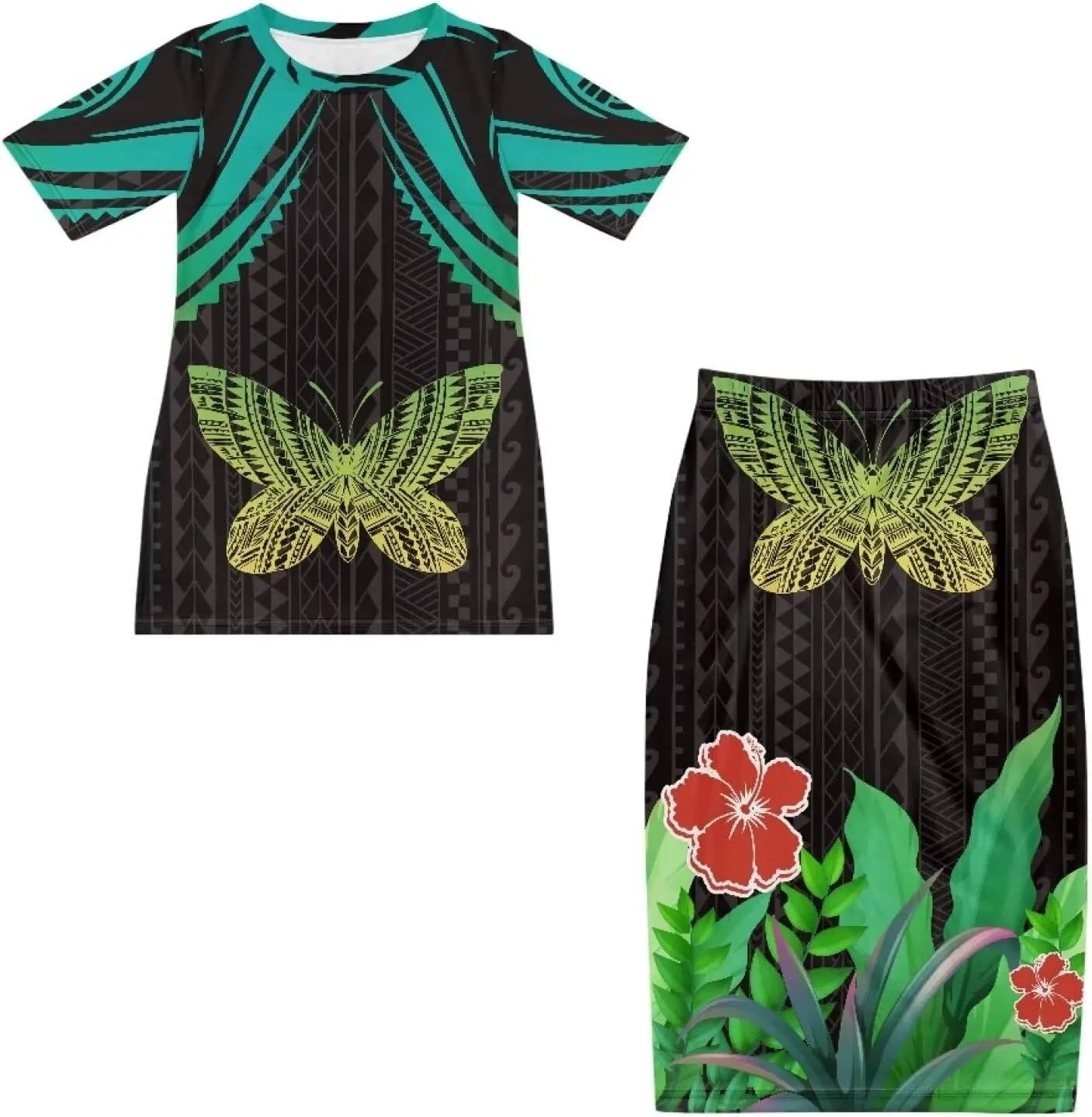Polynesian Tribal Tapa Totem Summer Crew Neck Long Skirt Dress Set Women Island Short Sleeves Set Maxi Dress