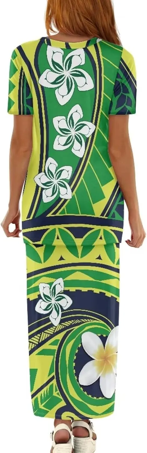 Polynesian Tribal Tapa Totem Summer Crew Neck Long Skirt Dress Set Women Island Short Sleeves Set Maxi Dress