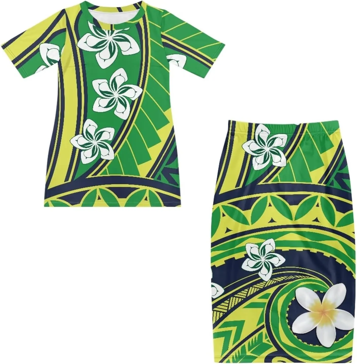 Polynesian Tribal Tapa Totem Summer Crew Neck Long Skirt Dress Set Women Island Short Sleeves Set Maxi Dress