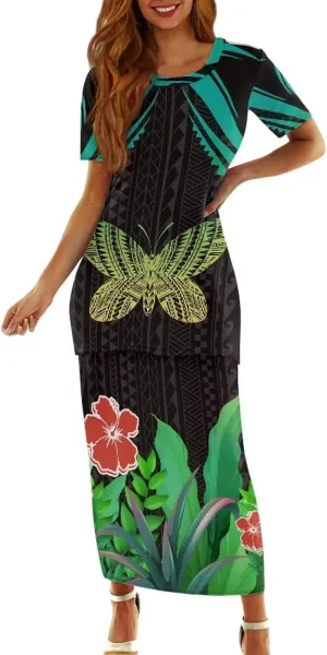 Polynesian Tribal Tapa Totem Summer Crew Neck Long Skirt Dress Set Women Island Short Sleeves Set Maxi Dress