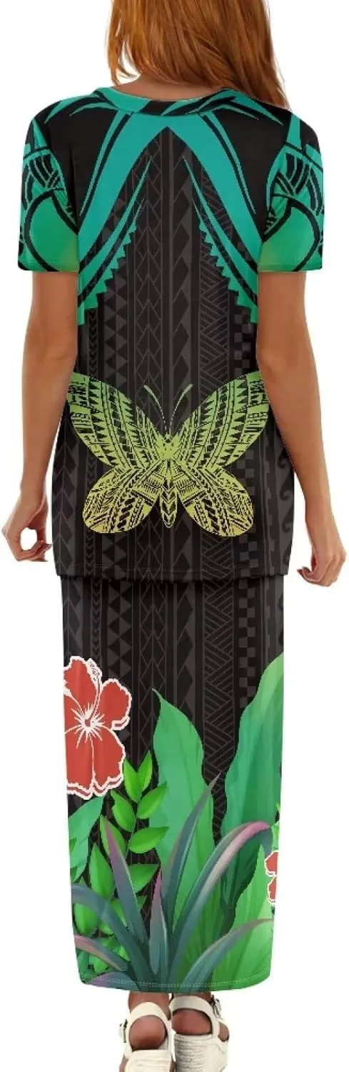 Polynesian Tribal Tapa Totem Summer Crew Neck Long Skirt Dress Set Women Island Short Sleeves Set Maxi Dress