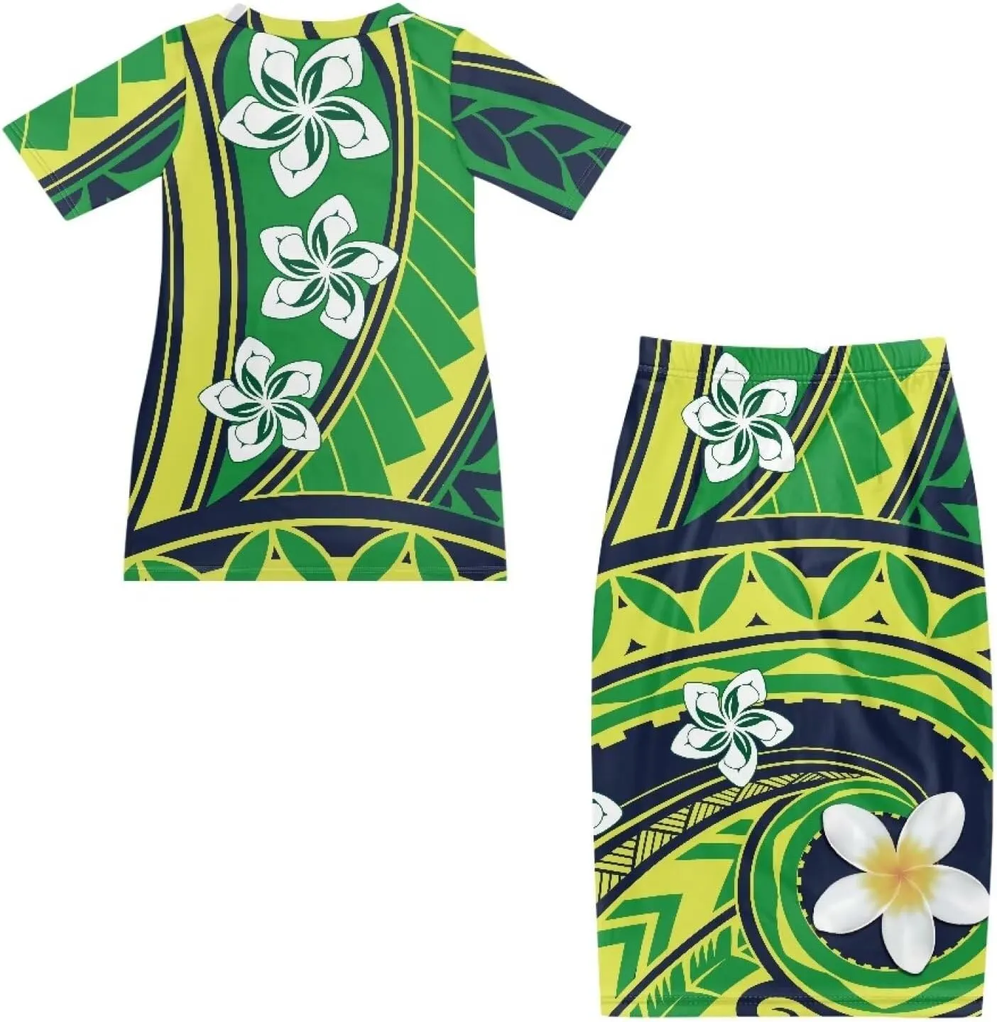 Polynesian Tribal Tapa Totem Summer Crew Neck Long Skirt Dress Set Women Island Short Sleeves Set Maxi Dress