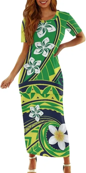 Polynesian Tribal Tapa Totem Summer Crew Neck Long Skirt Dress Set Women Island Short Sleeves Set Maxi Dress