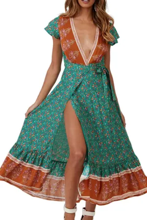PRETTYGARDEN Women Boho Summer Side Split Deep V Neck Short Sleeves Maxi Dress with Belt