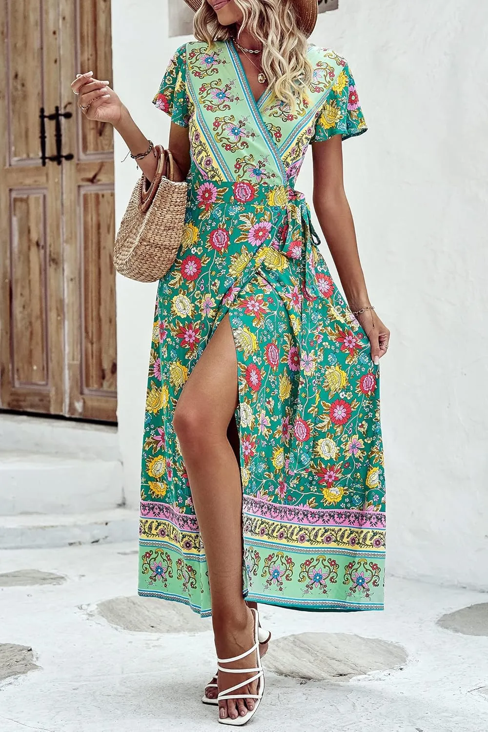 PRETTYGARDEN Women Boho Summer Side Split Deep V Neck Short Sleeves Maxi Dress with Belt