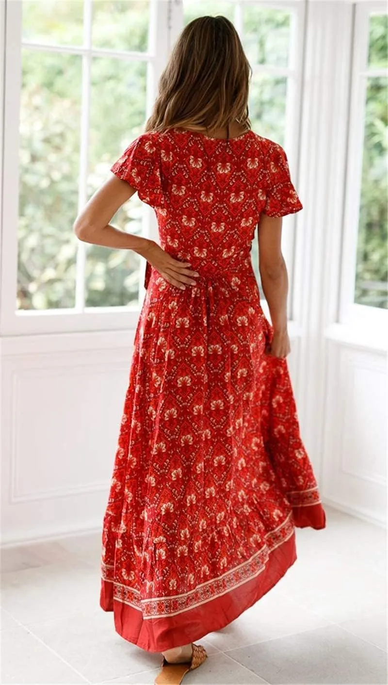 PRETTYGARDEN Women Boho Summer Side Split Deep V Neck Short Sleeves Maxi Dress with Belt