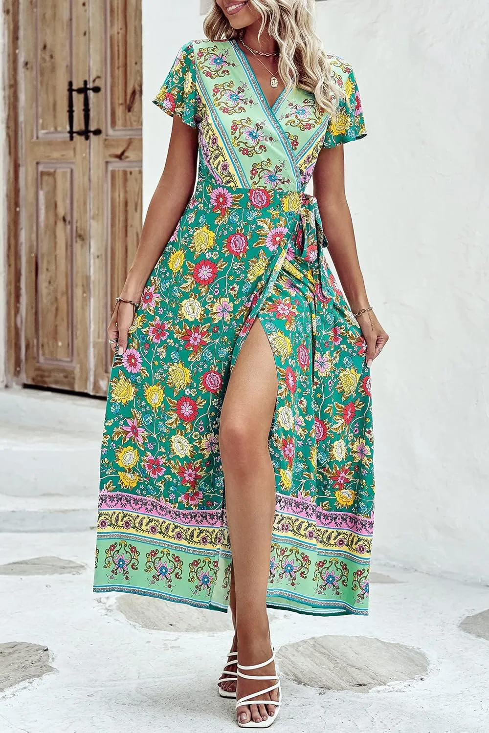 PRETTYGARDEN Women Boho Summer Side Split Deep V Neck Short Sleeves Maxi Dress with Belt