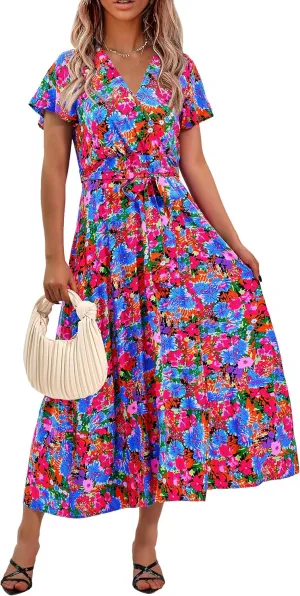PRETTYGARDEN Women Boho Summer Side Split Deep V Neck Short Sleeves Maxi Dress with Belt
