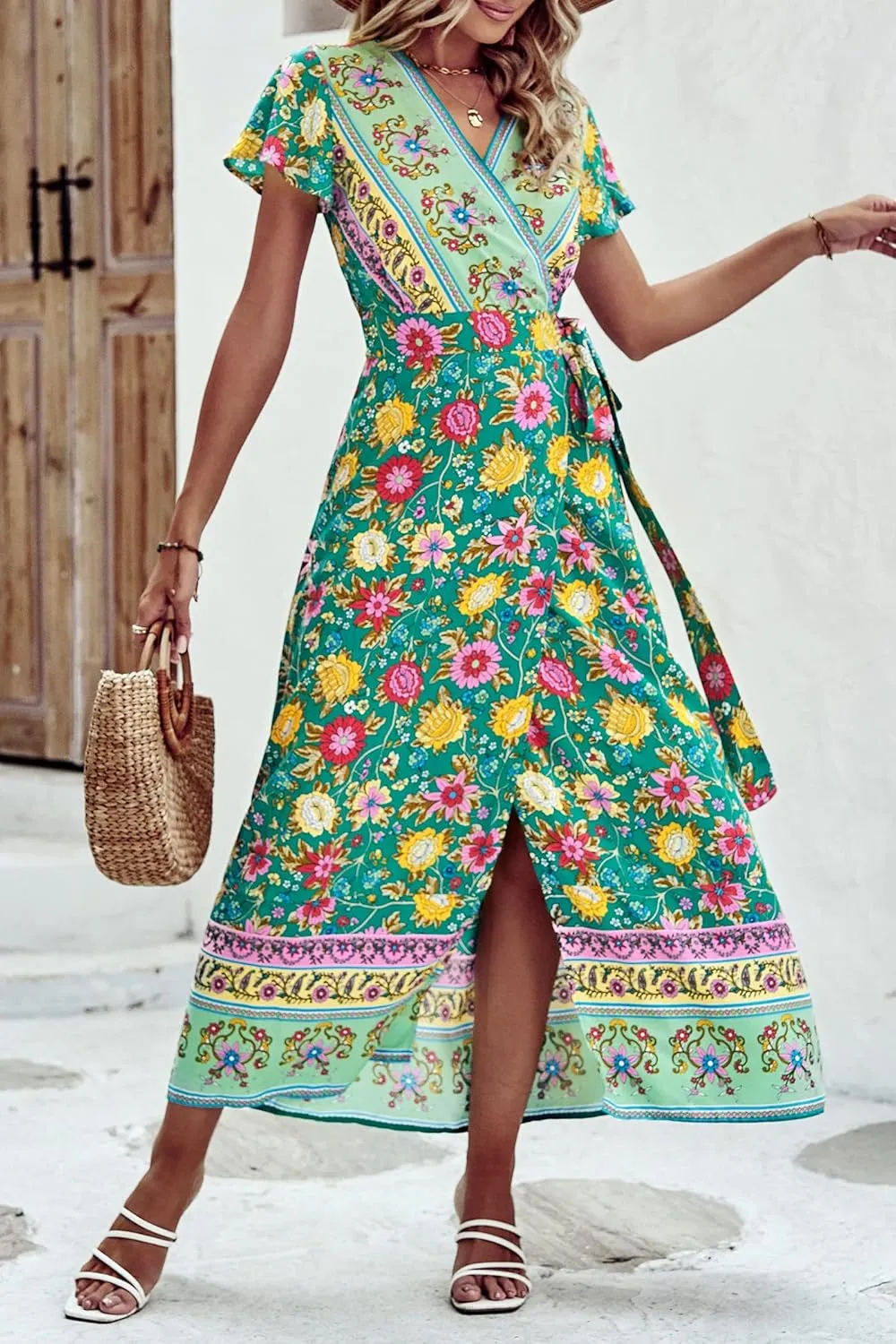 PRETTYGARDEN Women Boho Summer Side Split Deep V Neck Short Sleeves Maxi Dress with Belt