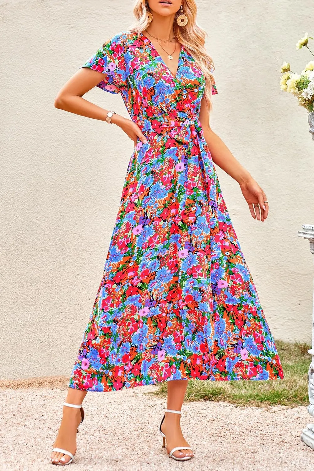 PRETTYGARDEN Women Boho Summer Side Split Deep V Neck Short Sleeves Maxi Dress with Belt
