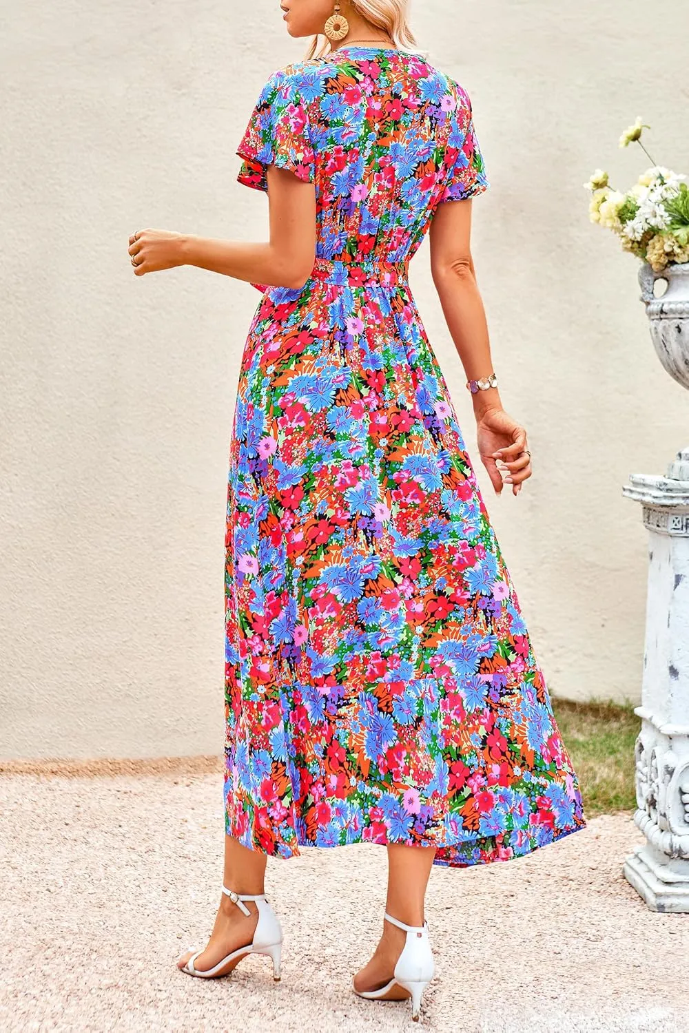 PRETTYGARDEN Women Boho Summer Side Split Deep V Neck Short Sleeves Maxi Dress with Belt