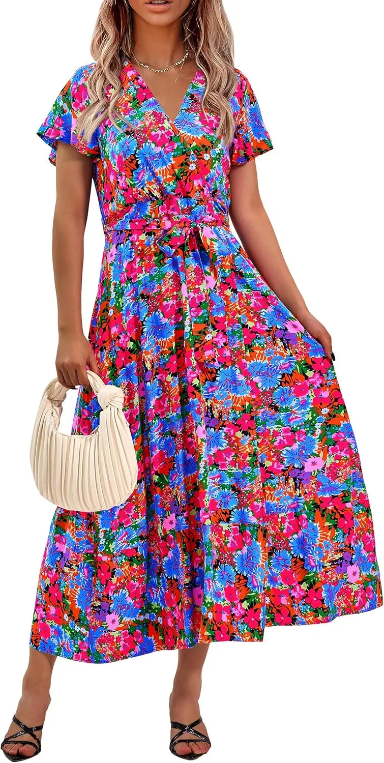 PRETTYGARDEN Women Boho Summer Side Split Deep V Neck Short Sleeves Maxi Dress with Belt