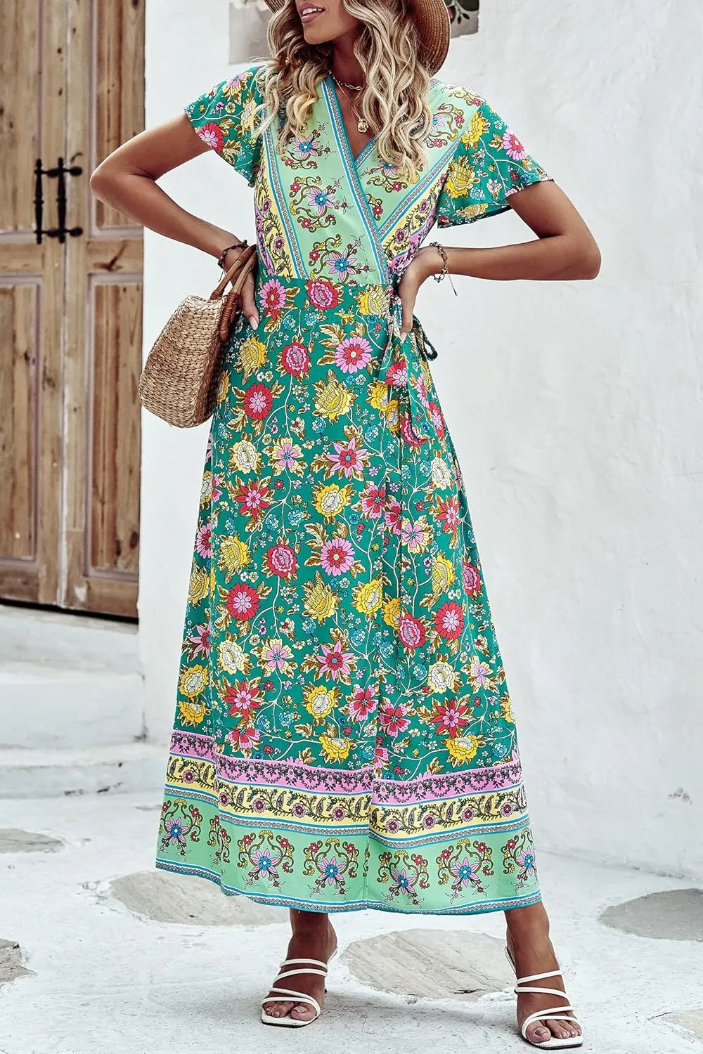 PRETTYGARDEN Women Boho Summer Side Split Deep V Neck Short Sleeves Maxi Dress with Belt