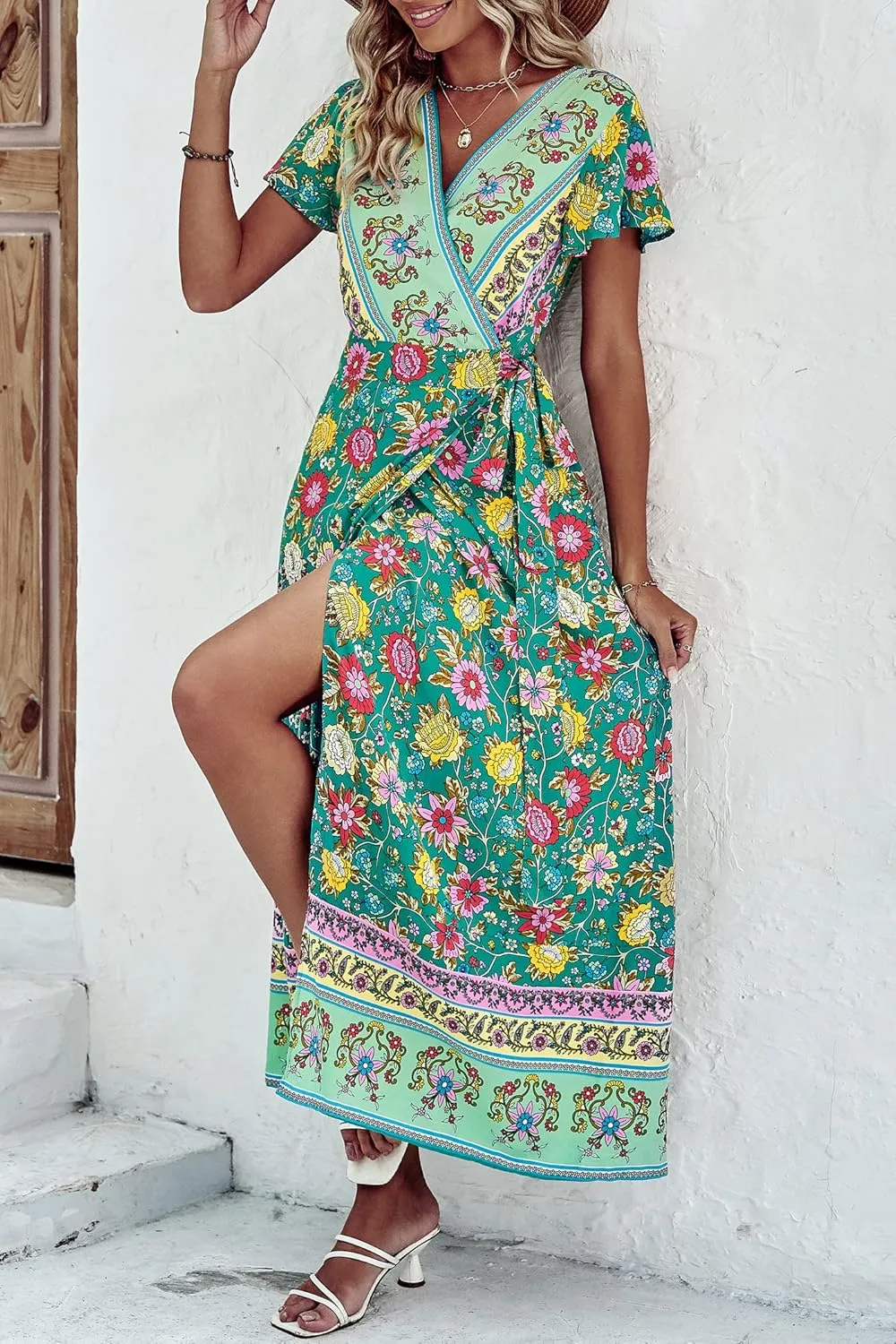PRETTYGARDEN Women Boho Summer Side Split Deep V Neck Short Sleeves Maxi Dress with Belt