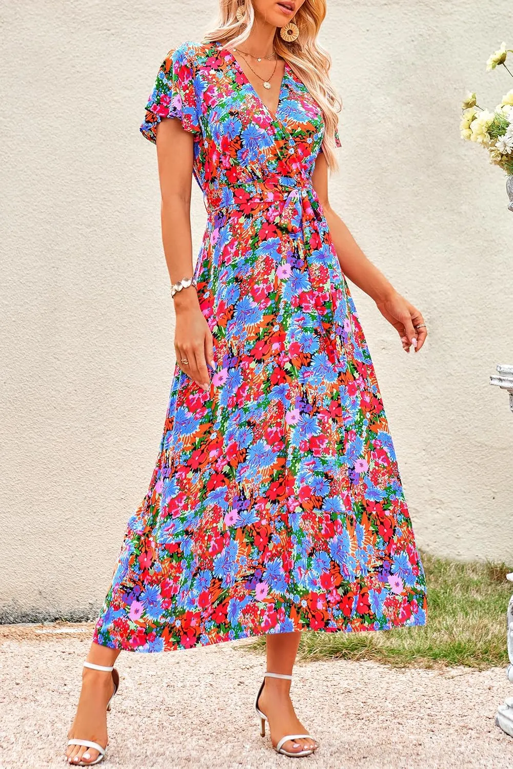 PRETTYGARDEN Women Boho Summer Side Split Deep V Neck Short Sleeves Maxi Dress with Belt