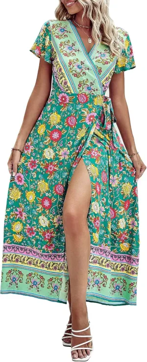 PRETTYGARDEN Women Boho Summer Side Split Deep V Neck Short Sleeves Maxi Dress with Belt