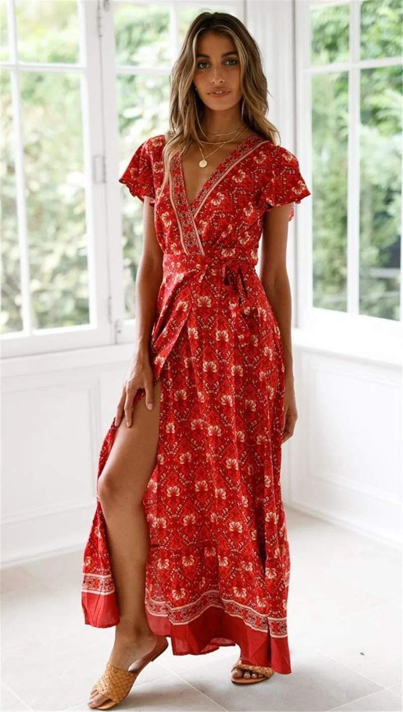 PRETTYGARDEN Women Boho Summer Side Split Deep V Neck Short Sleeves Maxi Dress with Belt