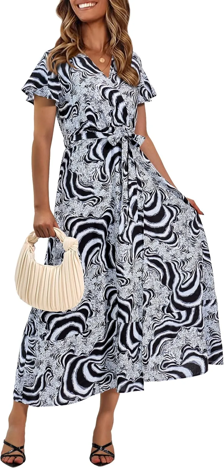 PRETTYGARDEN Women Boho Summer Side Split Deep V Neck Short Sleeves Maxi Dress with Belt