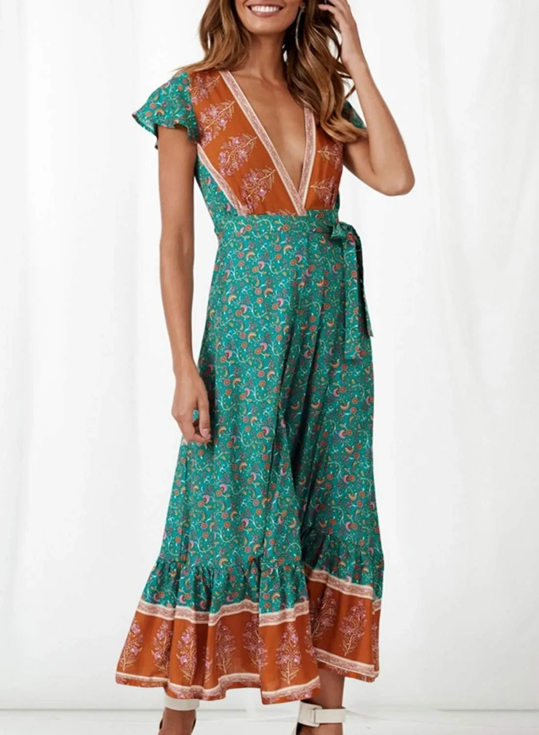 PRETTYGARDEN Women Boho Summer Side Split Deep V Neck Short Sleeves Maxi Dress with Belt