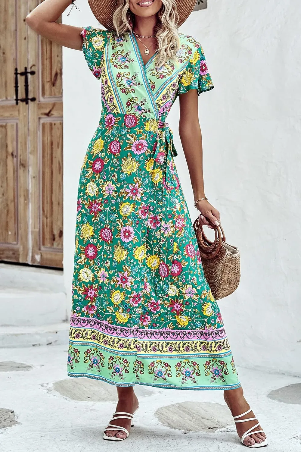 PRETTYGARDEN Women Boho Summer Side Split Deep V Neck Short Sleeves Maxi Dress with Belt