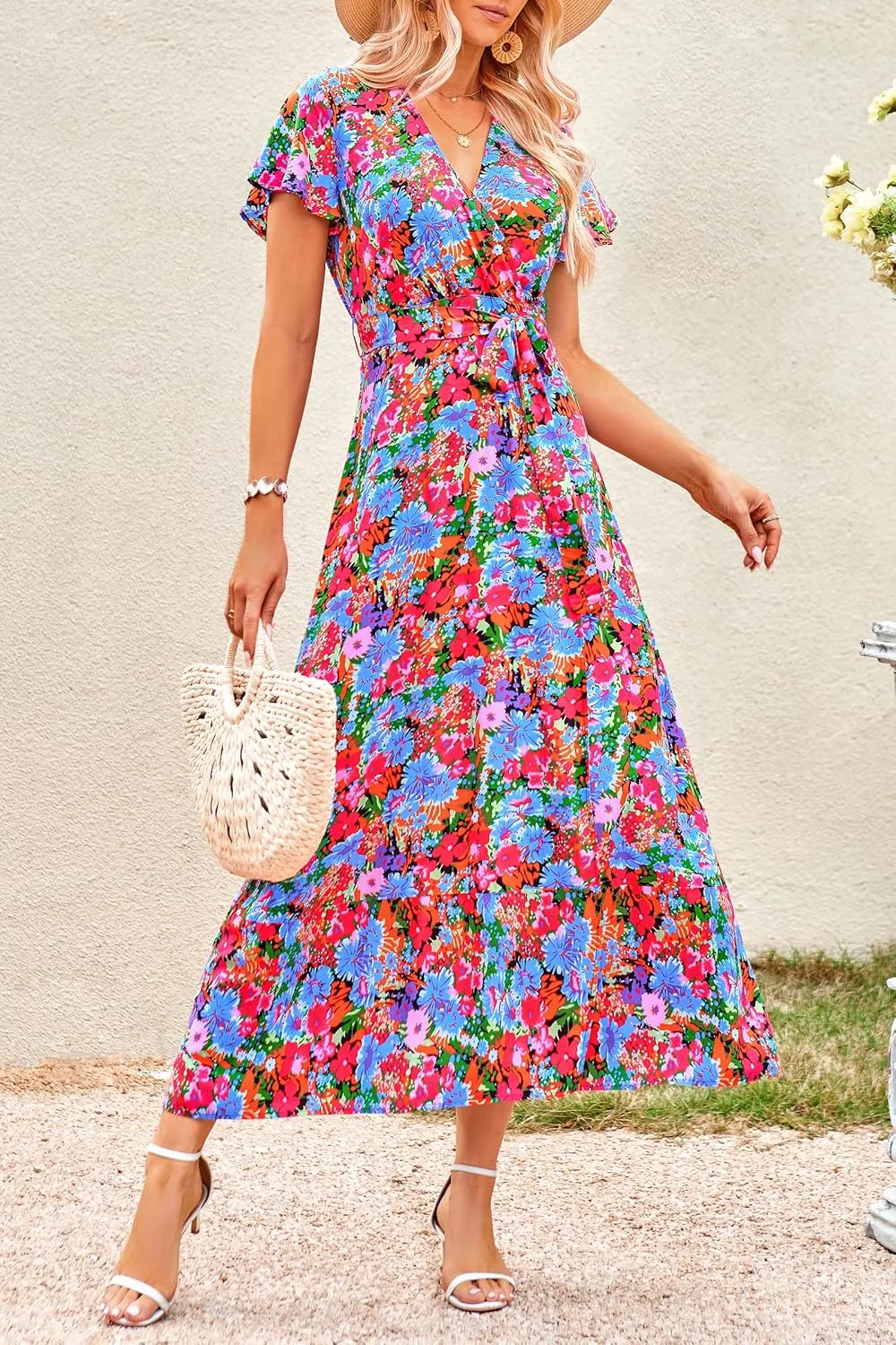 PRETTYGARDEN Women Boho Summer Side Split Deep V Neck Short Sleeves Maxi Dress with Belt