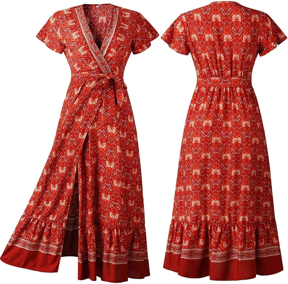 PRETTYGARDEN Women Boho Summer Side Split Deep V Neck Short Sleeves Maxi Dress with Belt