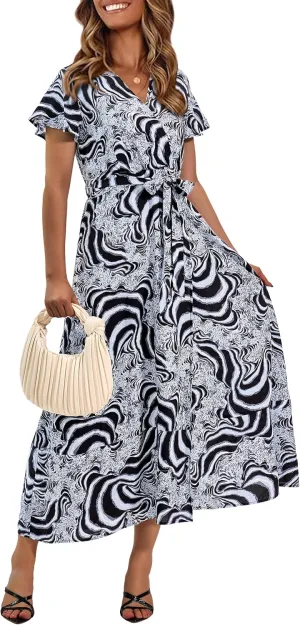 PRETTYGARDEN Women Boho Summer Side Split Deep V Neck Short Sleeves Maxi Dress with Belt