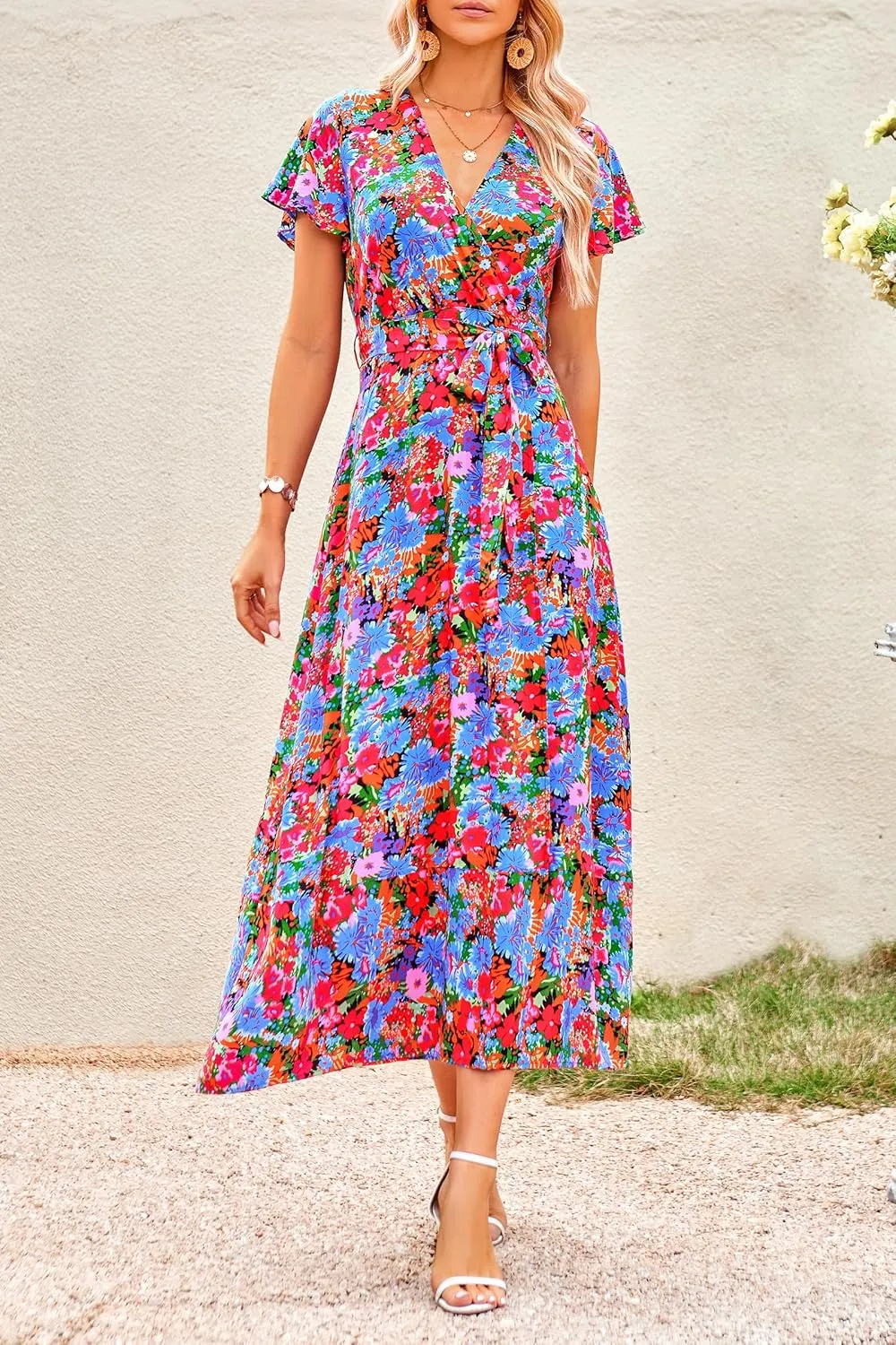 PRETTYGARDEN Women Boho Summer Side Split Deep V Neck Short Sleeves Maxi Dress with Belt
