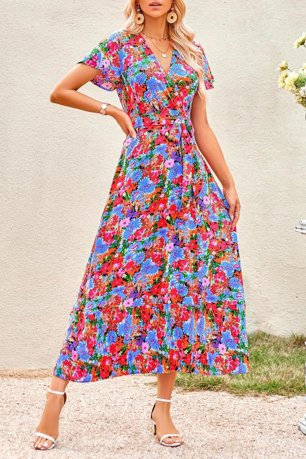 PRETTYGARDEN Women Boho Summer Side Split Deep V Neck Short Sleeves Maxi Dress with Belt