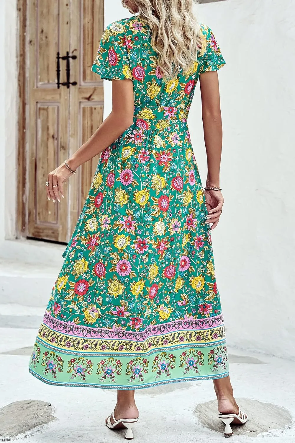 PRETTYGARDEN Women Boho Summer Side Split Deep V Neck Short Sleeves Maxi Dress with Belt