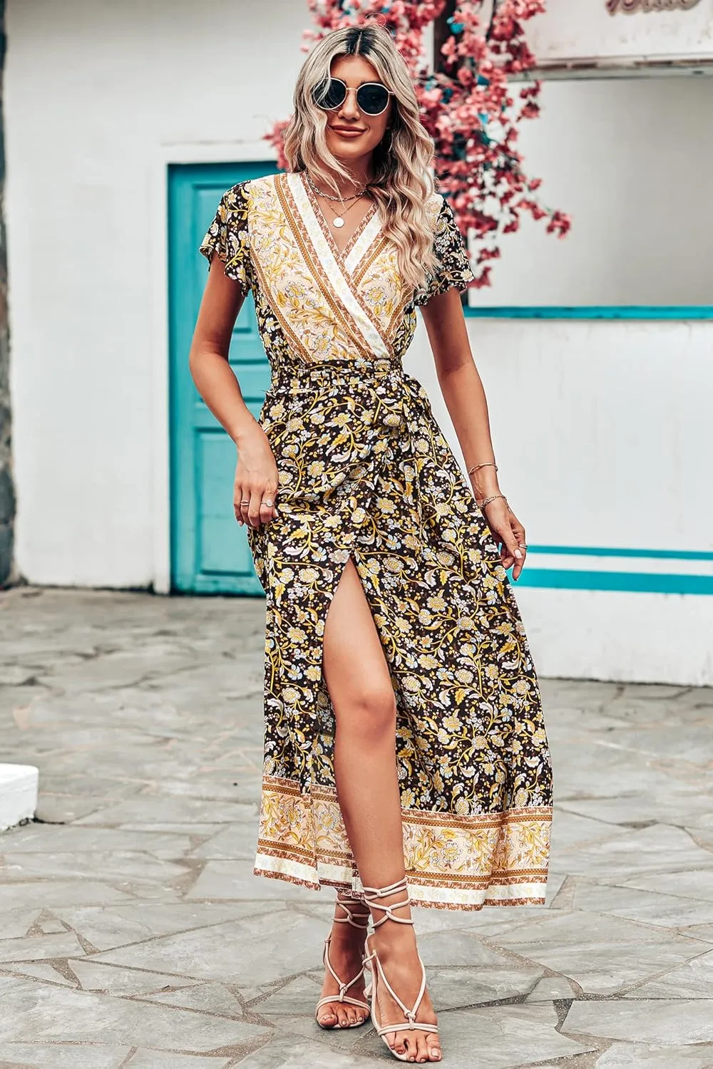 PRETTYGARDEN Women Boho Summer Side Split Deep V Neck Short Sleeves Maxi Dress with Belt