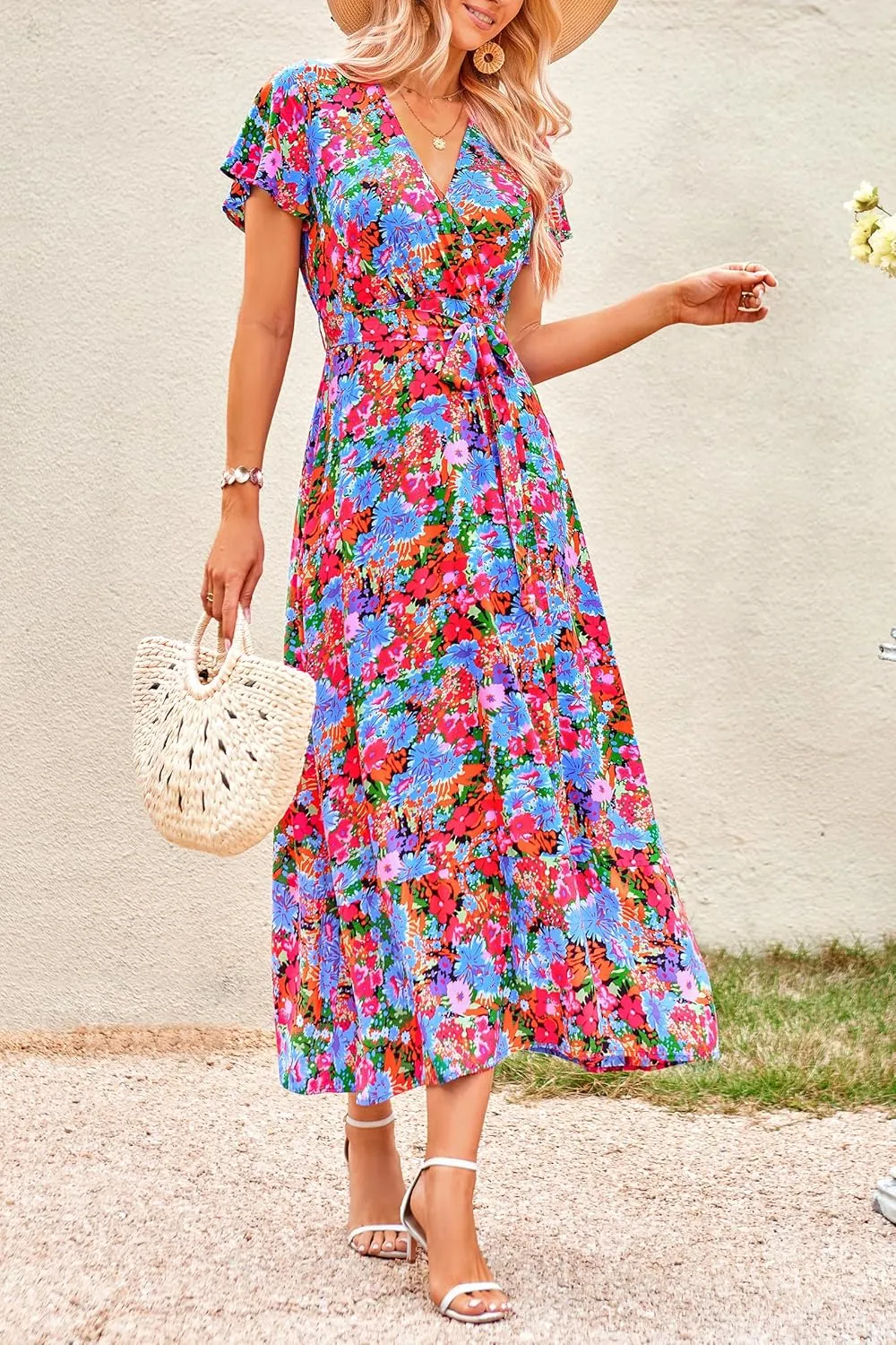 PRETTYGARDEN Women Boho Summer Side Split Deep V Neck Short Sleeves Maxi Dress with Belt