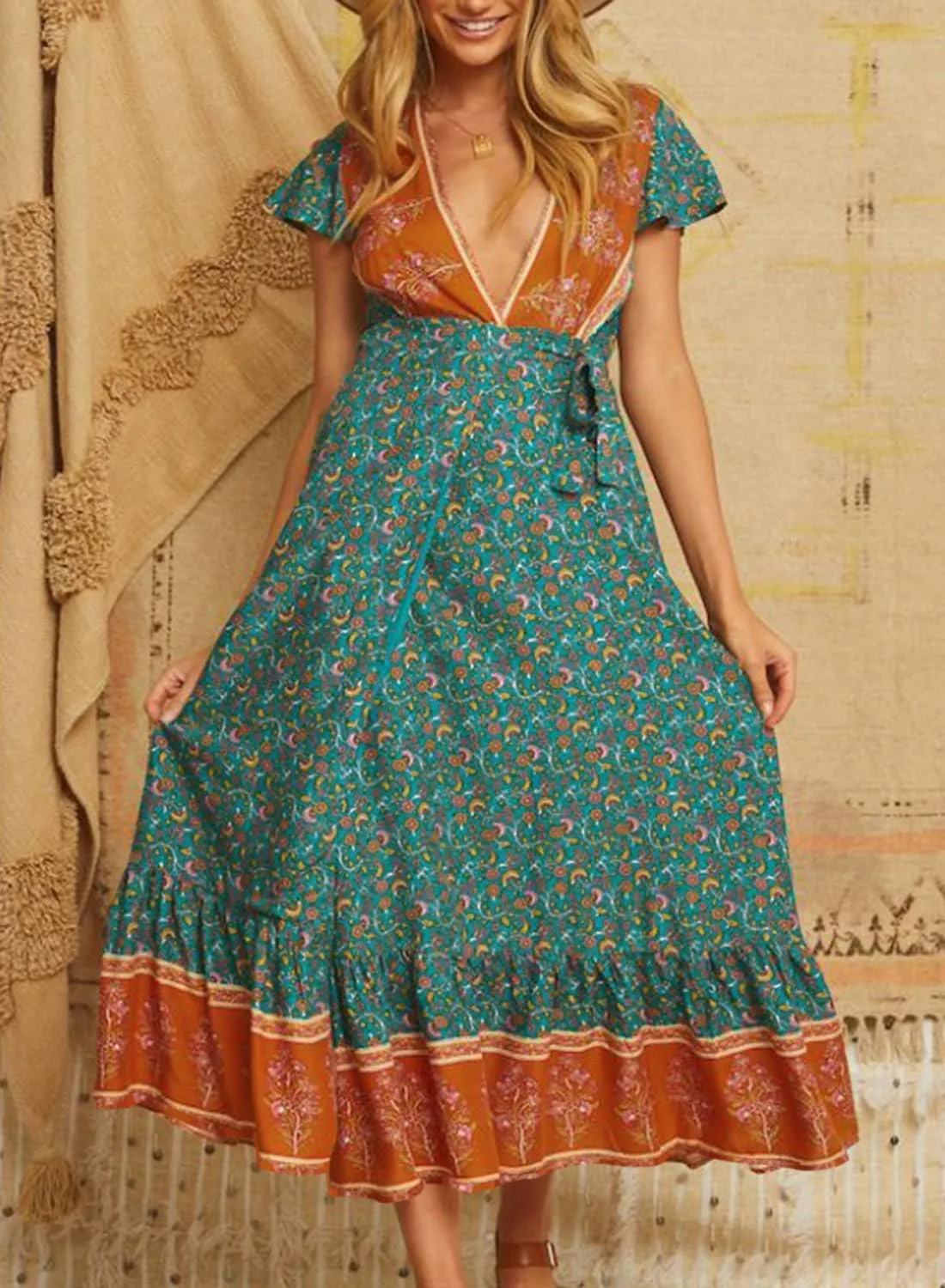 PRETTYGARDEN Women Boho Summer Side Split Deep V Neck Short Sleeves Maxi Dress with Belt