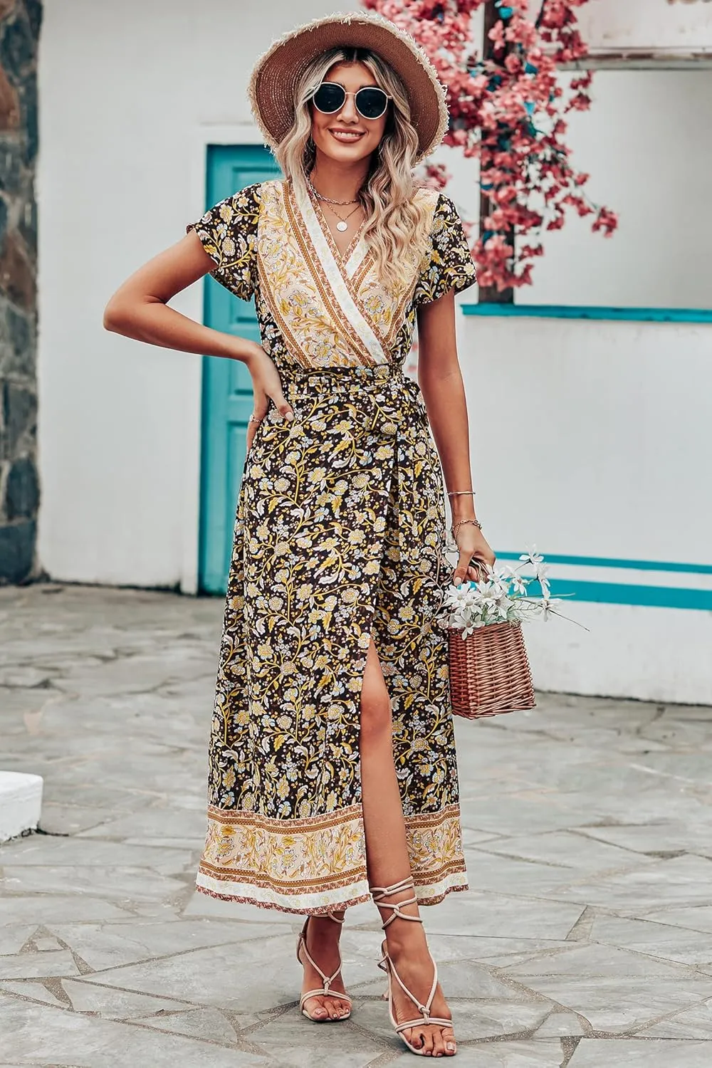 PRETTYGARDEN Women Boho Summer Side Split Deep V Neck Short Sleeves Maxi Dress with Belt