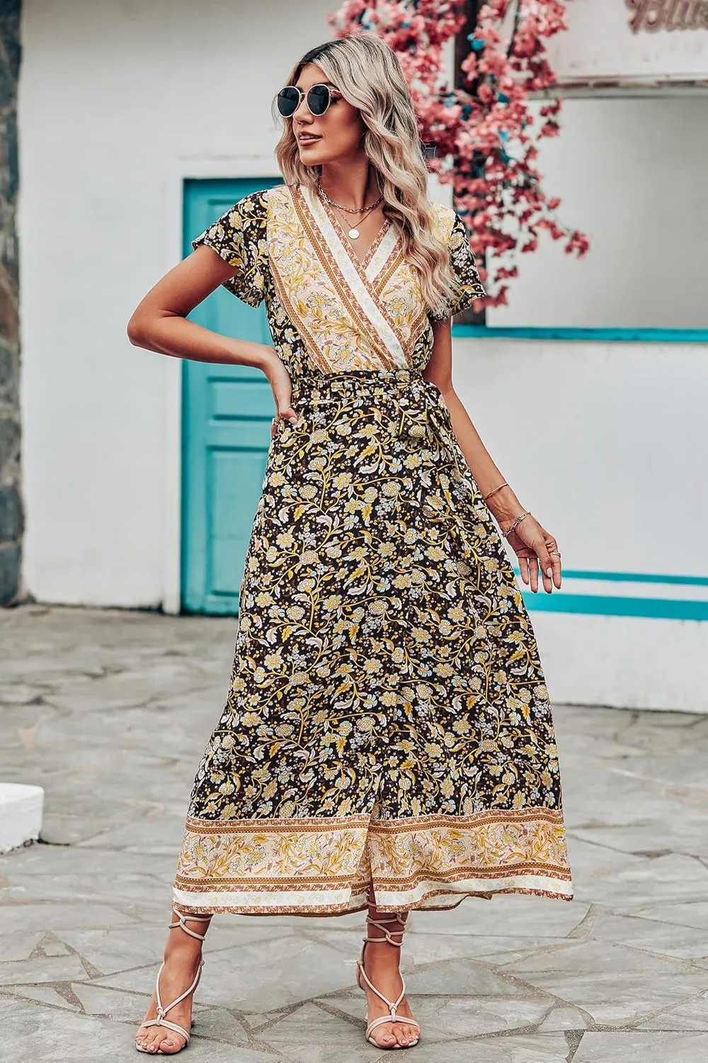PRETTYGARDEN Women Boho Summer Side Split Deep V Neck Short Sleeves Maxi Dress with Belt