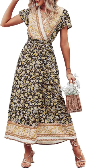 PRETTYGARDEN Women Boho Summer Side Split Deep V Neck Short Sleeves Maxi Dress with Belt