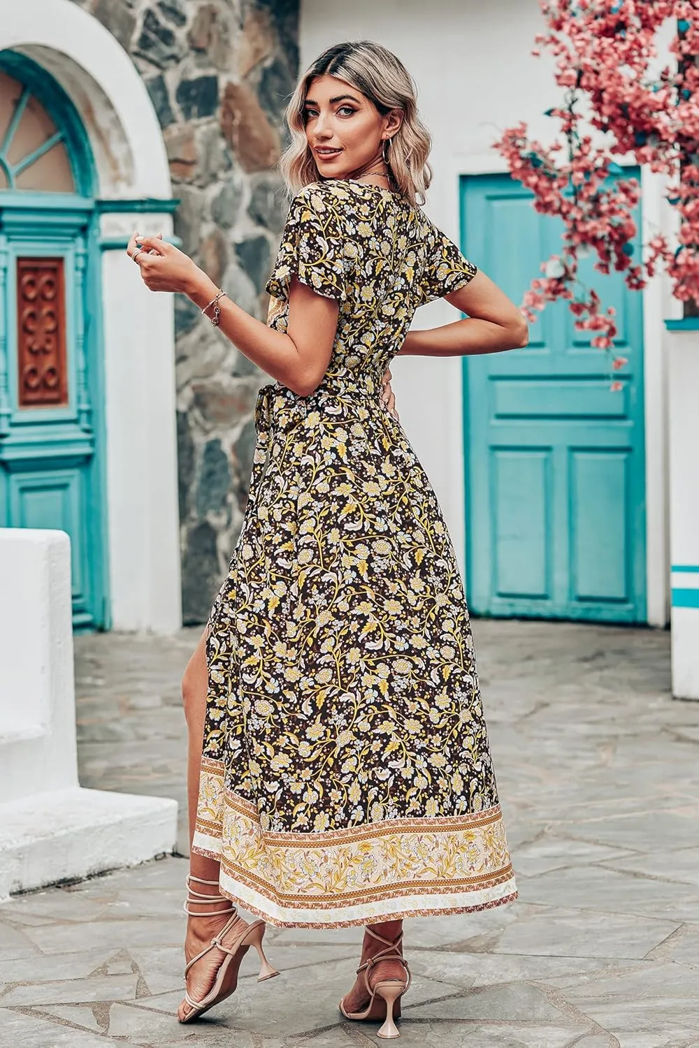 PRETTYGARDEN Women Boho Summer Side Split Deep V Neck Short Sleeves Maxi Dress with Belt