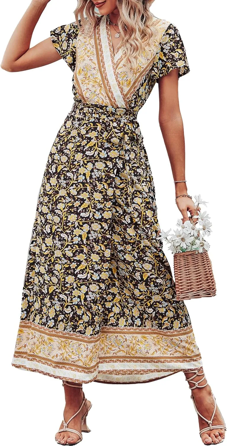 PRETTYGARDEN Women Boho Summer Side Split Deep V Neck Short Sleeves Maxi Dress with Belt