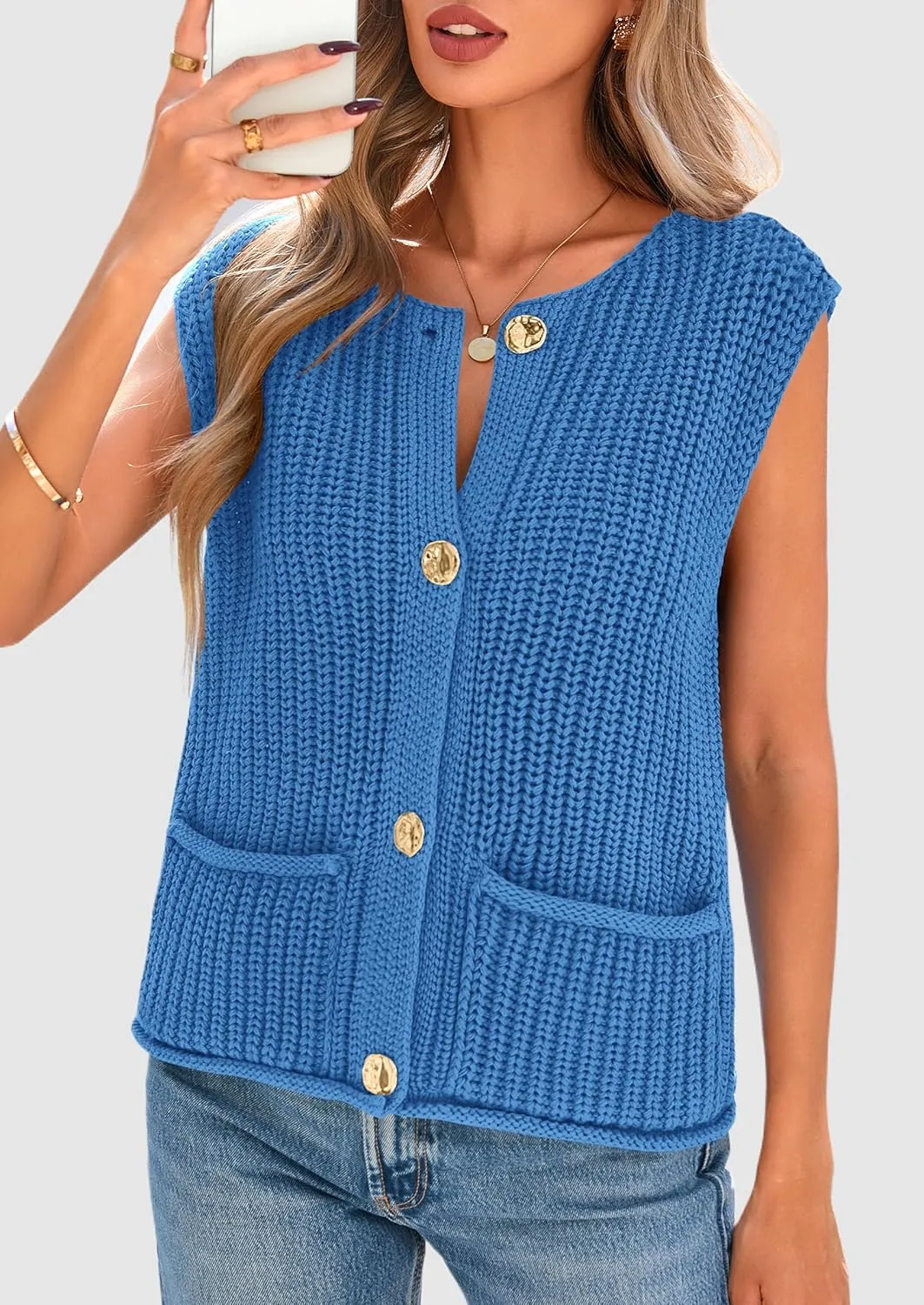 PRETTYGARDEN Women's Summer Sweaters Vest 2025 Sleeveless Button Down Cropped Pockets Chunky Knit Cardigan Trendy Tank Tops