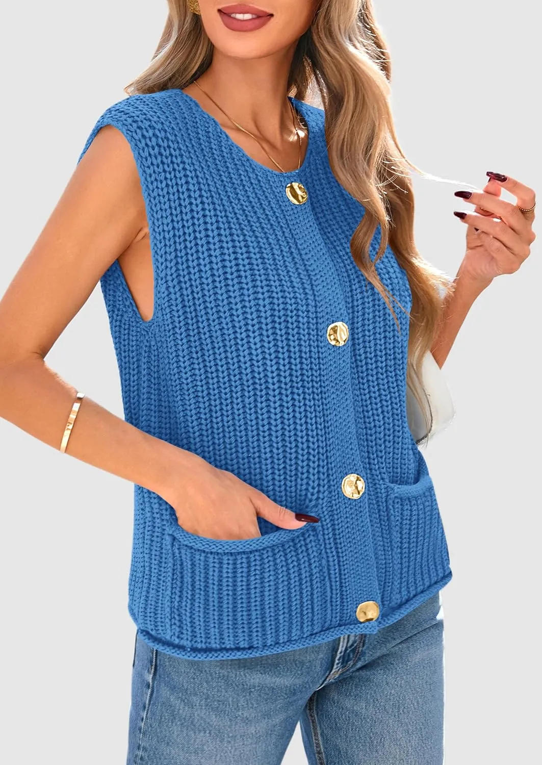 PRETTYGARDEN Women's Summer Sweaters Vest 2025 Sleeveless Button Down Cropped Pockets Chunky Knit Cardigan Trendy Tank Tops