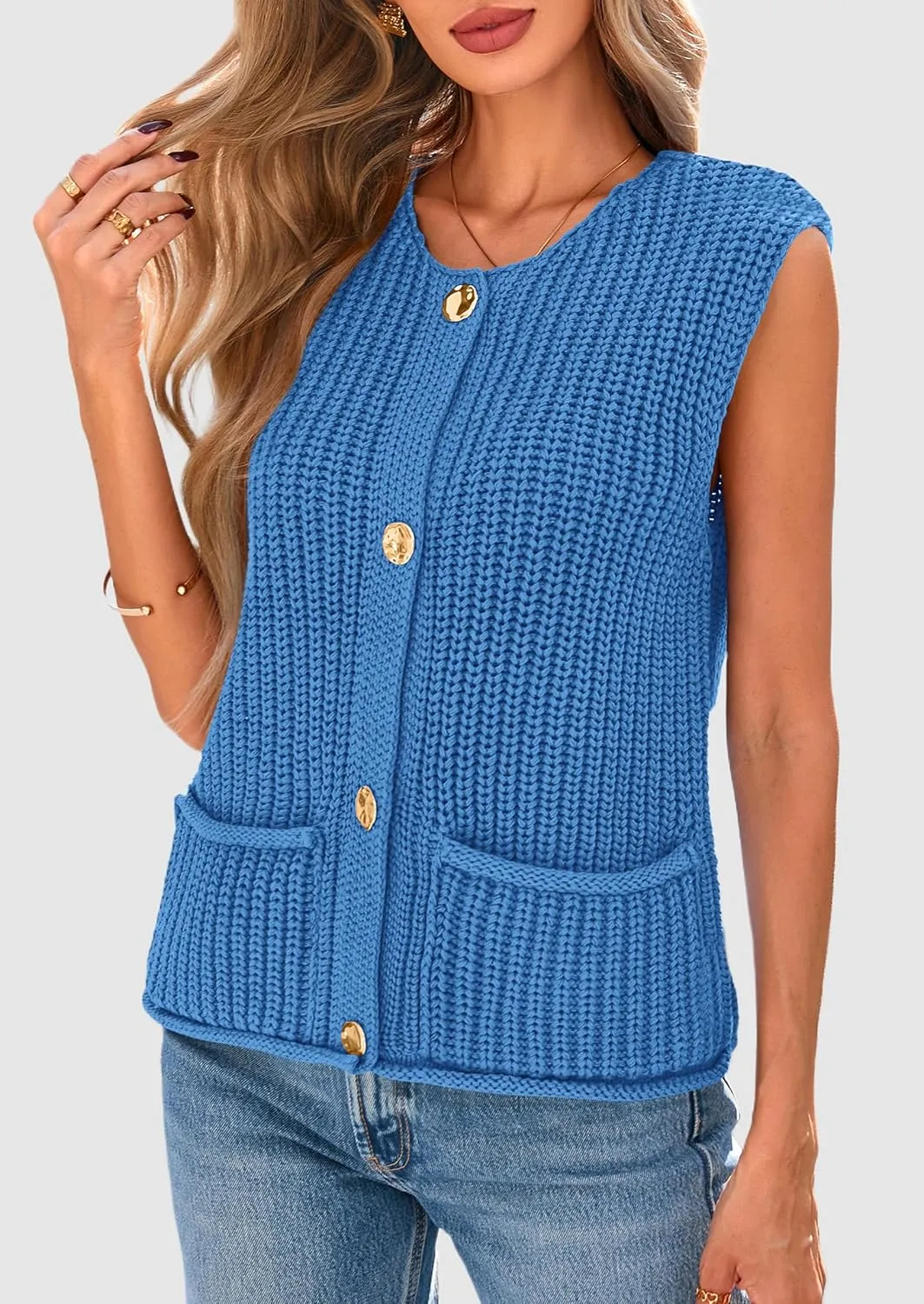 PRETTYGARDEN Women's Summer Sweaters Vest 2025 Sleeveless Button Down Cropped Pockets Chunky Knit Cardigan Trendy Tank Tops