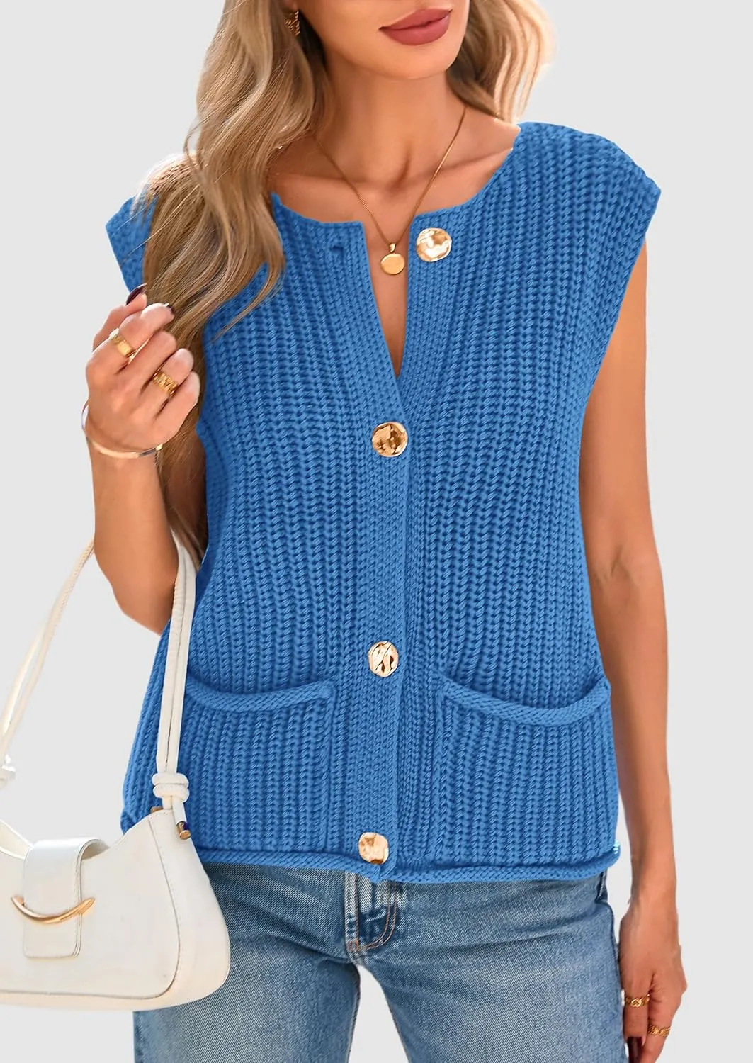 PRETTYGARDEN Women's Summer Sweaters Vest 2025 Sleeveless Button Down Cropped Pockets Chunky Knit Cardigan Trendy Tank Tops