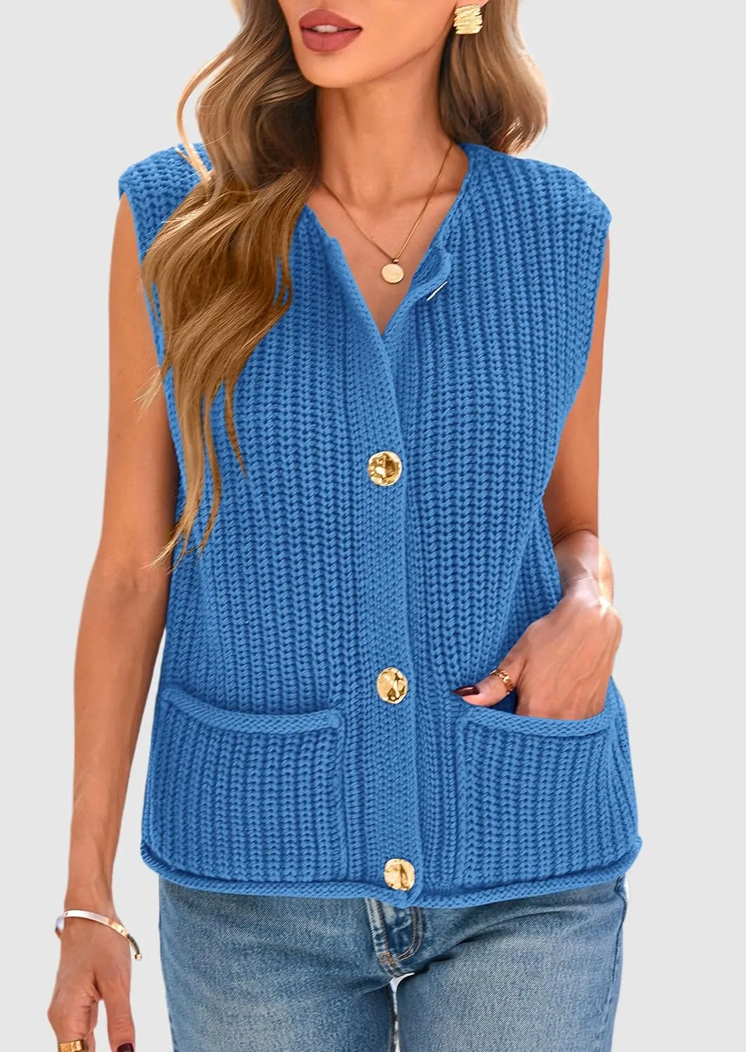 PRETTYGARDEN Women's Summer Sweaters Vest 2025 Sleeveless Button Down Cropped Pockets Chunky Knit Cardigan Trendy Tank Tops