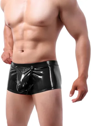 PU Leather Boxer Briefs for Men Sexy Bulge Pouch Panties Open Front Boyshort Low Waist Bikini Cutout Breathable Lingerie